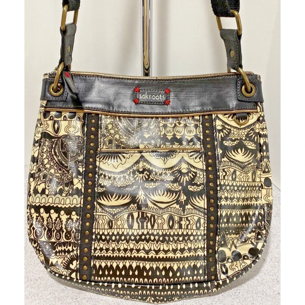 Sakroots crossbody bag shoulderbag purse adjustable woven strap Boho black cream